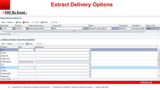 Copyright © 2013, Oracle and/or its affiliates. All rights reserved. Proprietary and Confidential – Distributed to Authorized Customers Subject to Safe Harbor18
 PDF By Email :
Extract Delivery Options
 