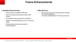 Copyright © 2013, Oracle and/or its affiliates. All rights reserved. Proprietary and Confidential – Distributed to Authorized Customers Subject to Safe Harbor27
Future Enhancements
 Usability Enhancements :
 Easy access to complete the DBI lists.
 New UI to drag and drop layout editor for DB
groups.
 Automated formula generation & compilation.
 Support for scheduling extract runs on a recurring
basis.
 Enhanced data dictionary organized in
hierarchy/groups.
 Web Services :
 Various web services to include payment methods
for Payment Migrations
( Personal, Organizational & Third party services)
 
