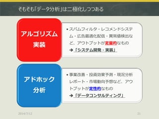 そもそも「データ分析」は二極化しつつある
2014/7/12 21
• スパムフィルタ・レコメンドシステ
ム・広告最適化配信・異常値検出な
ど、アウトプットが定量的なもの
「システム開発・実装」
アルゴリズム
実装
• 事業改善・投資効果予測・現況分析
レポート・市場動向予想など、アウ
トプットが定性的なもの
「データコンサルティング」
アドホック
分析
 