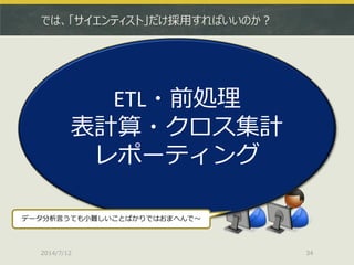 では、「サイエンティスト」だけ採用すればいいのか？
2014/7/12 34
ETL・前処理
表計算・クロス集計
レポーティング
データ分析言うても小難しいことばかりではおまへんで～
 