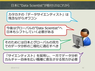 日本に”Data Scientist”が根付くのはこれから
2014/7/12 42
カタカナの「データサイエンティスト」は
残念ながらオワコン
今後はグローバルの”Data Scientist”へ
日本もシフトしていく必要がある
そのためには...