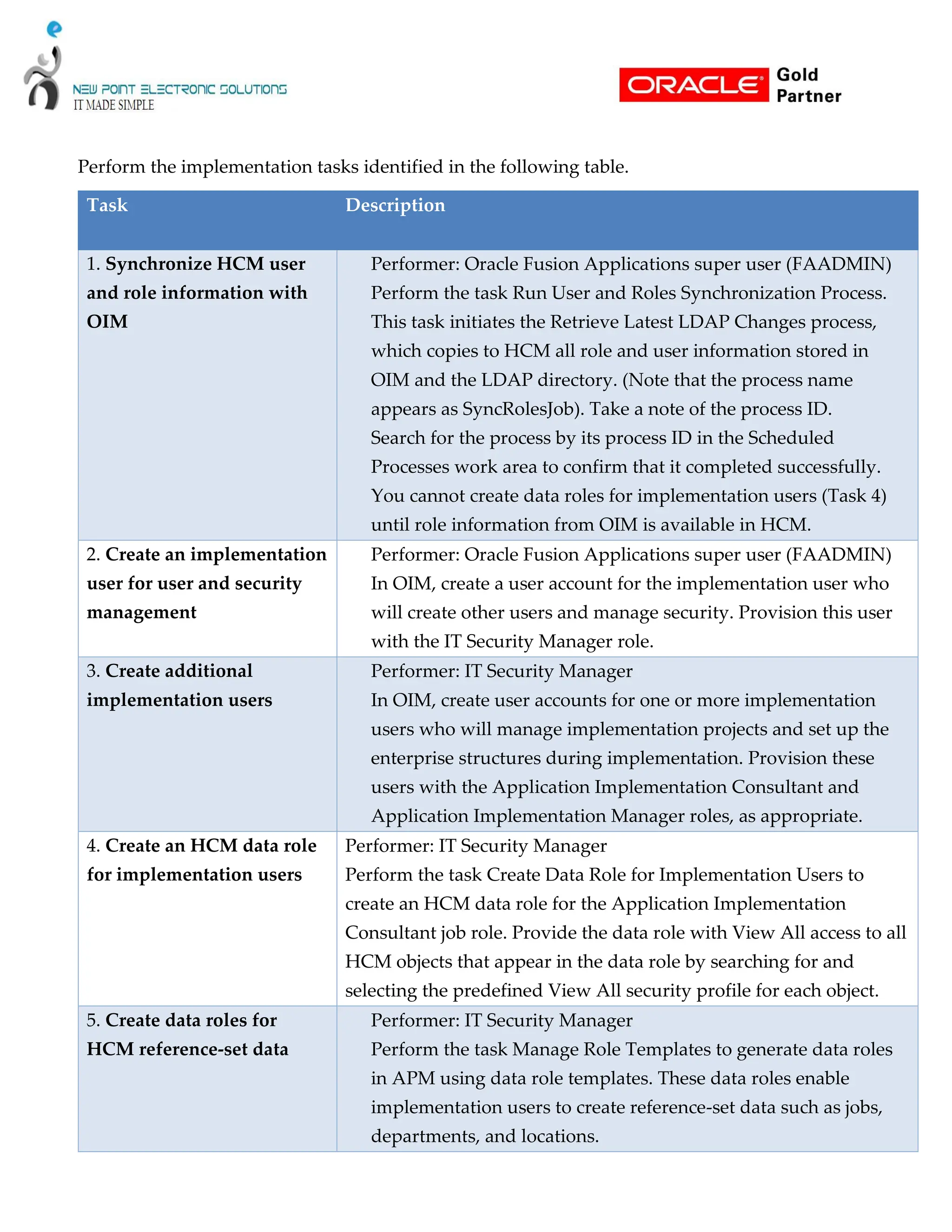 Perform the implementation tasks identified in the following table.
Task Description
1. Synchronize HCM user
and role information with
OIM
Performer: Oracle Fusion Applications super user (FAADMIN)
Perform the task Run User and Roles Synchronization Process.
This task initiates the Retrieve Latest LDAP Changes process,
which copies to HCM all role and user information stored in
OIM and the LDAP directory. (Note that the process name
appears as SyncRolesJob). Take a note of the process ID.
Search for the process by its process ID in the Scheduled
Processes work area to confirm that it completed successfully.
You cannot create data roles for implementation users (Task 4)
until role information from OIM is available in HCM.
2. Create an implementation
user for user and security
management
Performer: Oracle Fusion Applications super user (FAADMIN)
In OIM, create a user account for the implementation user who
will create other users and manage security. Provision this user
with the IT Security Manager role.
3. Create additional
implementation users
Performer: IT Security Manager
In OIM, create user accounts for one or more implementation
users who will manage implementation projects and set up the
enterprise structures during implementation. Provision these
users with the Application Implementation Consultant and
Application Implementation Manager roles, as appropriate.
4. Create an HCM data role
for implementation users
Performer: IT Security Manager
Perform the task Create Data Role for Implementation Users to
create an HCM data role for the Application Implementation
Consultant job role. Provide the data role with View All access to all
HCM objects that appear in the data role by searching for and
selecting the predefined View All security profile for each object.
5. Create data roles for
HCM reference-set data
Performer: IT Security Manager
Perform the task Manage Role Templates to generate data roles
in APM using data role templates. These data roles enable
implementation users to create reference-set data such as jobs,
departments, and locations.
 