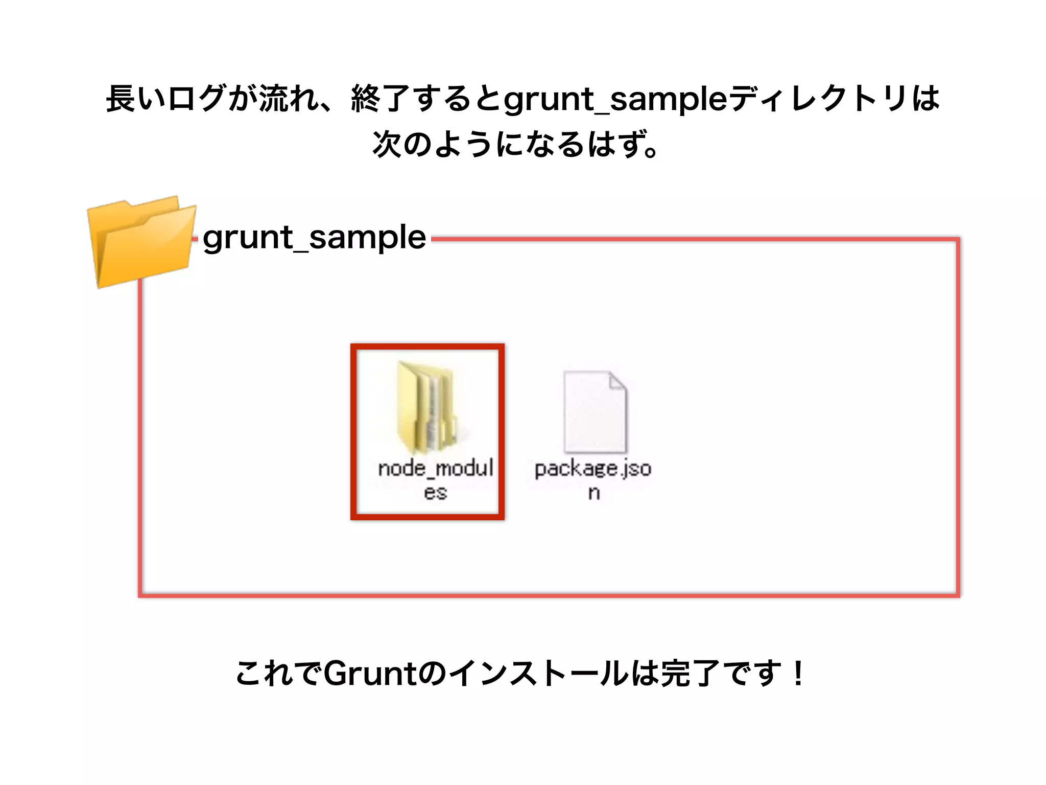 長いログが流れ、終了するとgrunt_sampleディレクトリは
次のようになるはず。
grunt_sample
これでGruntのインストールは完了です！
 