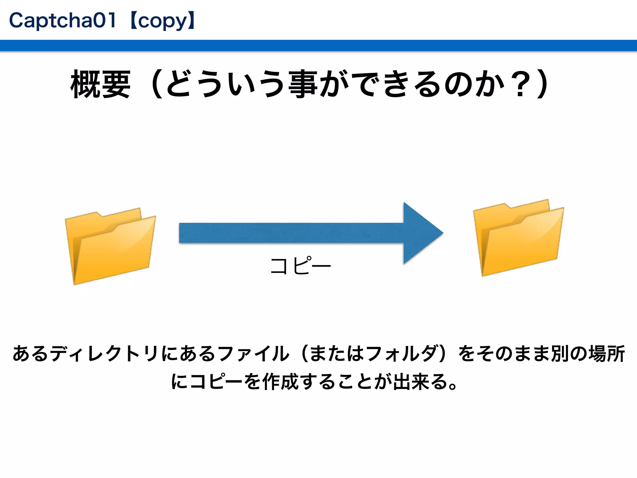Captcha01【copy】
概要（どういう事ができるのか？）
あるディレクトリにあるファイル（またはフォルダ）をそのまま別の場所
にコピーを作成することが出来る。
コピー
 