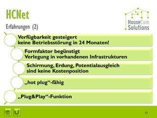 Erfahrungen (2)
     Verfügbarkeit gesteigert
     keine Betriebsstörung in 24 Monaten!
        Formfaktor begünstigt
        Verlegung in vorhandenen Infrastrukturen
         Schirmung, Erdung, Potentialausgleich
         sind keine Kostenposition

        „hot plug“-fähig

     „Plug&Play“-Funktion

                                                   23
 