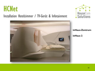 Installation Hotelzimmer / TV-Gerät & Infotainment


                                                     inHaus-Zentrum

                                                     inHaus 2




                                                                10
 