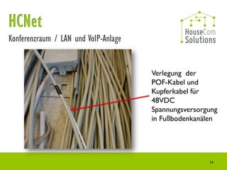 Konferenzraum / LAN und VoIP-Anlage


                                      Verlegung der
                                      POF-Kabel und
                                      Kupferkabel für
                                      48VDC
                                      Spannungsversorgung
                                      in Fußbodenkanälen




                                                      14
 