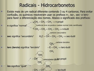 Radicais - Hidrocarbonetos Existe mais de um radical diferente contendo 3 ou 4 carbonos. Para evitar confusão, os químicos resolveram usar os prefixos n-, iso-, sec- e terc- para fazer a diferenciação dos nomes. Abaixo o significado dos prefixos: - CH 2  – CH 2  – CH 3     n-propil n  significa “normal” - CH 2  – CH 2  – CH 2  – CH 3     n-butil sec  significa “secundário”  H 3 C – CH – CH 2  – CH 3     sec-butil CH 3 terc (tercio)  significa “terciário”  - C – CH 3     terc-butil  CH 3 CH 3 - CH    iso-propil CH 3 iso  significa “igual”  CH 3 - CH 2  – CH    iso-butil CH 3 extemidades iguais carbono terciário valência livre na ponta e cadeia normal (não ramificada) carbono secundário 