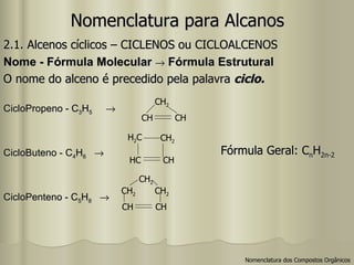 Nomenclatura para Alcanos 2.1. Alcenos cíclicos – CICLENOS ou CICLOALCENOS Nome - Fórmula Molecular    Fórmula Estrutural  O nome do alceno é precedido pela palavra  ciclo. CicloPropeno - C 3 H 5    CicloButeno - C 4 H 6      CicloPenteno - C 5 H 8   CH 2 CH CH H 2 C CH 2 HC CH CH 2 CH 2 CH 2 CH CH Fórmula Geral: C n H 2n-2 Nomenclatura dos Compostos Orgânicos 