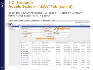 Profiling May 201311
1.C. Research
Accolo System – “Jobs” Tab (cont’d)
“Jobs” tab > Show Advanced > All Jobs > HM Name / Company
Name > Jobs Status of All > Search
 