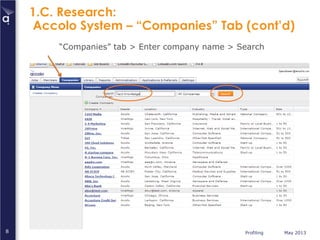 Profiling May 20138
1.C. Research:
Accolo System – “Companies” Tab (cont’d)
“Companies” tab > Enter company name > Search
 