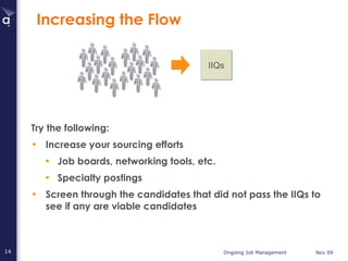 Increasing the Flow Try the following: Increase your sourcing efforts Job boards, networking tools, etc. Specialty postings Screen through the candidates that did not pass the IIQs to see if any are viable candidates IIQs 