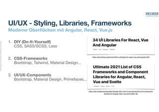 Alle
Rechte
liegen
bei
Peter
Hecker.
Vervielfältigung
ist
nicht
erlaubt.
UI/UX - Styling, Libraries, Frameworks
Moderne Ober
fl
ächen mit Angular, React, Vue.js
1. DIY (Do-It-Yourself)  
CSS, SASS/SCSS, Less 
2. CSS-Frameworks 
Bootstrap, Tailwind, Material Design... 
3. UI/UX-Components 
Bootstrap, Material Design, Primefaces...
https://dev.to/haycuoilennao19/34-ui-libraries-for-react-vue-and-angular-525l
https://dev.to/alexmercedcoder/ultimate-2021-list-of-css-frameworks-and-component-
libraries-for-angular-react-vue-and-svelte-18p

 