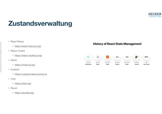 Alle
Rechte
liegen
bei
Peter
Hecker.
Vervielfältigung
ist
nicht
erlaubt.
• React Redux
• https://react-redux.js.org/
• Redux-Toolkit
• https://redux-toolkit.js.org/
• MobX
• https://mobx.js.org/
• Zustand
• https://zustand-demo.pmnd.rs/
• Jotai
• https://jotai.org/
• Recoil
• https://recoiljs.org/
Zustandsverwaltung
 