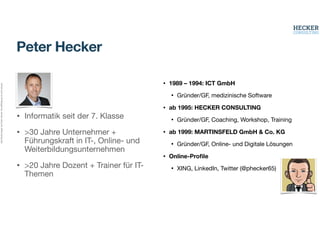 Alle
Rechte
liegen
bei
Peter
Hecker.
Vervielfältigung
ist
nicht
erlaubt.
Peter Hecker
• Informatik seit der 7. Klasse
• >30 Jahre Unternehmer +
Führungskraft in IT-, Online- und
Weiterbildungsunternehmen
• >20 Jahre Dozent + Trainer für IT-
Themen
• 1989 – 1994: ICT GmbH
• Gründer/GF, medizinische Software
• ab 1995: HECKER CONSULTING
• Gründer/GF, Coaching, Workshop, Training
• ab 1999: MARTINSFELD GmbH & Co. KG
• Gründer/GF, Online- und Digitale Lösungen
• Online-Pro
fi
le
• XING, LinkedIn, Twitter (@phecker65)
 