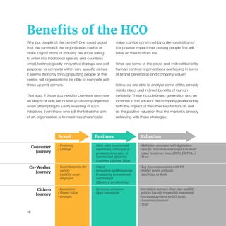 26
Business Valuation
Why put people at the centre? One could argue
that the survival of the organisation itself is at
stake. Digital titans of industry are more willing
to enter into traditional spaces, and countless
small, technologically innovative startups are well
prepared to compete within very specific niches.
It seems that only through putting people at the
centre, will organisations be able to compete with
these up and comers.
That said, if those you need to convince are more
on skeptical side, we advise you to stay objective
when attempting to justify investing in such
initiatives. Even those who still think that the aim
of an organisation is to maximise shareholder
value, can be convinced by a demonstration of
the positive impact that putting people first will
have on their bottom line.
What are some of the direct and indirect benefits
human centred organisations are having in terms
of brand generation and company value?
Below, we are able to analyse some of the, already
visible, direct and indirect benefits of human-
centricity. These include brand generation and an
increase in the value of the company produced by
both the impact of the other two factors, as well
as the positive valuation that the market is already
achieving with these strategies.
Benefits of the HCO
• Reputation
• Shared value
• Strength
• Conscious consumer
• Open innovation
• Correlation between share price and SRI
policies (socially responsible investment)
• Increased demand for IRS funds
• Awareness investor
• Trust
• More sales (customised
experience, catalogue of
products, more sales...)
• Commercial efficiency
• Customer Lifetime Value
• Talent
• Innovation and Knowledge
• Productivity (commitment
and linkage)
• Efficiency (productivity)
• Multipliers associated with digitisation
• Specific indicators with impact on share
value (customer base, ARPU, EBITDA...)
• Trust
• Key figures associated with HR
• Higher return on funds
Best Place to Work
• Proximity
• Linkage
• Contribution to the
society
• Liability as an
employer
Brand
Consumer
Journey
Co-Worker
Journey
Citizen
Journey
 