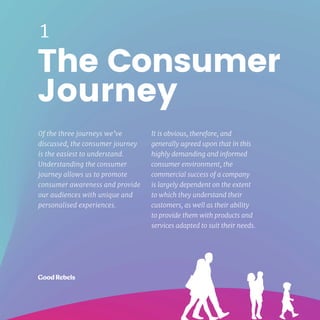 9HUMAN CENTRED ORGANISATIONS
The Consumer
Journey
Of the three journeys we’ve
discussed, the consumer journey
is the easiest to understand.
Understanding the consumer
journey allows us to promote
consumer awareness and provide
our audiences with unique and
personalised experiences.
It is obvious, therefore, and
generally agreed upon that in this
highly demanding and informed
consumer environment, the
commercial success of a company
is largely dependent on the extent
to which they understand their
customers, as well as their ability
to provide them with products and
services adapted to suit their needs.
1
 