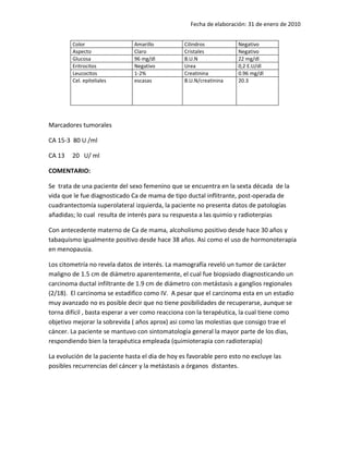Fecha de elaboración: 31 de enero de 2010


        Color                  Amarillo          Cilindros           Negativo
        Aspecto                Claro             Cristales           Negativo
        Glucosa                96 mg/dl          B.U.N               22 mg/dl
        Eritrocitos            Negativo          Urea                0,2 E.U/dl
        Leucocitos             1-2%              Creatinina          0.96 mg/dl
        Cel. epiteliales       escasas           B.U.N/creatinina    20.3




Marcadores tumorales

CA 15-3 80 U /ml

CA 13   20 U/ ml

COMENTARIO:

Se trata de una paciente del sexo femenino que se encuentra en la sexta década de la
vida que le fue diagnosticado Ca de mama de tipo ductal inflitrante, post-operada de
cuadrantectomía superolateral izquierda, la paciente no presenta datos de patologías
añadidas; lo cual resulta de interés para su respuesta a las quimio y radioterpias

Con antecedente materno de Ca de mama, alcoholismo positivo desde hace 30 años y
tabaquismo igualmente positivo desde hace 38 años. Asi como el uso de hormonoterapia
en menopausia.

Los citometría no revela datos de interés. La mamografía reveló un tumor de carácter
maligno de 1.5 cm de diámetro aparentemente, el cual fue biopsiado diagnosticando un
carcinoma ductal infiltrante de 1.9 cm de diámetro con metástasis a ganglios regionales
(2/18). El carcinoma se estadifico como IV. A pesar que el carcinoma esta en un estadio
muy avanzado no es posible decir que no tiene posibilidades de recuperarse, aunque se
torna difícil , basta esperar a ver como reacciona con la terapéutica, la cual tiene como
objetivo mejorar la sobrevida ( años aprox) asi como las molestias que consigo trae el
cáncer. La paciente se mantuvo con sintomatología general la mayor parte de los dias,
respondiendo bien la terapéutica empleada (quimioterapia con radioterapia)

La evolución de la paciente hasta el dia de hoy es favorable pero esto no excluye las
posibles recurrencias del cáncer y la metástasis a órganos distantes.
 