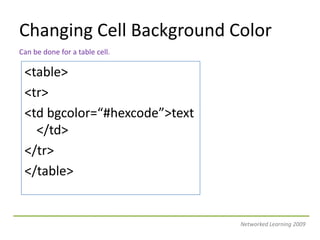 Changing Cell Background ColorCan be done for the entire table.<table bgcolor=“#hexcode”><tr><td>text </td></tr></table>Networked Learning 2009