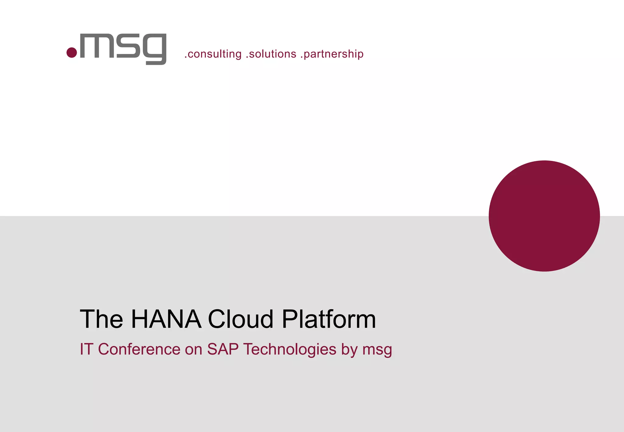.consulting .solutions .partnership
The HANA Cloud Platform
IT Conference on SAP Technologies by msg
 
