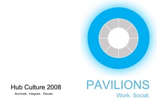 Hub Culture 2008
 Illuminate. Integrate. Elevate.
                                   PAVILIONS
                                       Work. Social.
 