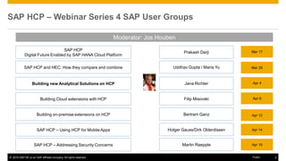 © 2016 SAP SE or an SAP affiliate company. All rights reserved. 2Public
SAP HCP – Webinar Series 4 SAP User Groups
Building new Analytical Solutions on HCP Jana Richter Apr 4
SAP HCP and HEC: How they compare and combine Uddhav Gupta / Maria Yu Mar 29
SAP HCP
Digital Future Enabled by SAP HANA Cloud Platform
Prakash Darji Mar 17
Moderator: Jos Houben
Building Cloud extensions with HCP Filip Misovski Apr 6
Building on-premise extensions on HCP Bertram Ganz Apr 12
SAP HCP – Using HCP for Mobile Apps Holger Gauss/Dirk Olderdissen Apr 14
SAP HCP – Addressing Security Concerns Martin Raepple Apr 19
 