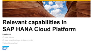 Relevant capabilities in
SAP HANA Cloud Platform
Load data
Create views
Create visualizations + dashboards
Embed in context
 