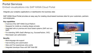 © 2016 SAP SE or an SAP affiliate company. All rights reserved. 42Public
Portal Services
Embed visualizations into SAP HANA Cloud Portal
Integrate your analytics applications or dashboards into business sites
SAP HANA Cloud Portal provides an easy way for creating cloud-based business sites for your customers, partners
and employees.
Key capabilities
 A service of the SAP HANA Cloud Platform
 Designed for mobile as a leading design principle
 Integrated with on premise and cloud based systems (SAP and non-
SAP)
 For extending SAPs SaaS offerings (e.g. SuccessFactors, C4C)
 Role-based user authorization
Benefits
 Multi-language site support
 Fast branding and customization
 Sites and Fiori experiences entry points
 Integrated developer flows with SAP Web IDE
 