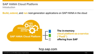 © 2016 SAP SE or an SAP affiliate company. All rights reserved. 7Public
SAP HANA Cloud Platform
Introduction
hcp.sap.com
Build, extend, and run next-generation applications on SAP HANA in the cloud
The in-memory
cloud platform-as-a-service
(“PaaS”)
offering from SAP
SAP HANA Cloud Platform
 