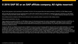 © 2016 SAP SE or an SAP affiliate company. All rights reserved. 15Internal
No part of this publication may be reproduced or transmitted in any form or for any purpose without the express permission of SAP SE or an SAP affiliate company.
SAP and other SAP products and services mentioned herein as well as their respective logos are trademarks or registered trademarks of SAP SE (or an SAP affiliate
company) in Germany and other countries. Please see http://global12.sap.com/corporate-en/legal/copyright/index.epx for additional trademark information and notices.
Some software products marketed by SAP SE and its distributors contain proprietary software components of other software vendors.
National product specifications may vary.
These materials are provided by SAP SE or an SAP affiliate company for informational purposes only, without representation or warranty of any kind, and SAP SE or its
affiliated companies shall not be liable for errors or omissions with respect to the materials. The only warranties for SAP SE or SAP affiliate company products and
services are those that are set forth in the express warranty statements accompanying such products and services, if any. Nothing herein should be construed as
constituting an additional warranty.
In particular, SAP SE or its affiliated companies have no obligation to pursue any course of business outlined in this document or any related presentation, or to develop
or release any functionality mentioned therein. This document, or any related presentation, and SAP SE’s or its affiliated companies’ strategy and possible future
developments, products, and/or platform directions and functionality are all subject to change and may be changed by SAP SE or its affiliated companies at any time
for any reason without notice. The information in this document is not a commitment, promise, or legal obligation to deliver any material, code, or functionality. All forward-
looking statements are subject to various risks and uncertainties that could cause actual results to differ materially from expectations. Readers are cautioned not to place
undue reliance on these forward-looking statements, which speak only as of their dates, and they should not be relied upon in making purchasing decisions.
© 2016 SAP SE or an SAP affiliate company. All rights reserved.
 