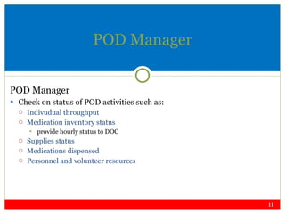 POD Manager POD Manager Check on status of POD activities such as: Indivudual throughput Medication inventory status provide hourly status to DOC Supplies status Medications dispensed Personnel and volunteer resources 