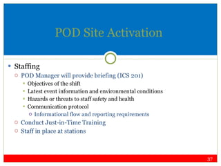 POD Site Activation Staffing POD Manager will provide briefing (ICS 201) Objectives of the shift Latest event information and environmental conditions Hazards or threats to staff safety and health Communication protocol Informational flow and reporting requirements Conduct Just-in-Time Training Staff in place at stations 
