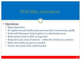 POD Site Activation Operations Begin Operations Be vigilant towards bottlenecks and areas that is not moving rapidly Work with Pharmacy Tech/Logistics to verify hourly count Relay hourly count to DOC as requested Respond to any areas of concern – utilize the Liaison as a resource Make sure breaks are given as needed Tend to the needs of the staff if needed 