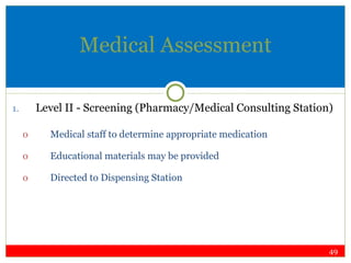 Medical Assessment Level II - Screening (Pharmacy/Medical Consulting Station) Medical staff to determine appropriate medication Educational materials may be provided Directed to Dispensing Station 