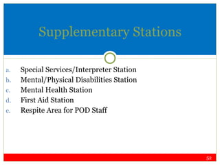 Supplementary Stations Special Services/Interpreter Station Mental/Physical Disabilities Station Mental Health Station First Aid Station Respite Area for POD Staff 