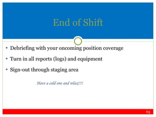 End of Shift Debriefing with your oncoming position coverage Turn in all reports (logs) and equipment Sign-out through staging area Have a cold one and relax!!!! 