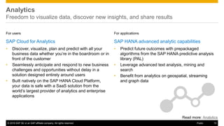 © 2016 SAP SE or an SAP affiliate company. All rights reserved. 10Public
Analytics
Freedom to visualize data, discover new insights, and share results
For users
SAP Cloud for Analytics
• Discover, visualize, plan and predict with all your
business data whether you’re in the boardroom or in
front of the customer
• Seamlessly anticipate and respond to new business
challenges and opportunities without delay in a
solution designed entirely around users
• Built natively on the SAP HANA Cloud Platform,
your data is safe with a SaaS solution from the
world’s largest provider of analytics and enterprise
applications
For applications
SAP HANA advanced analytic capabilities
• Predict future outcomes with prepackaged
algorithms from the SAP HANA predictive analysis
library (PAL)
• Leverage advanced text analysis, mining and
search
• Benefit from analytics on geospatial, streaming
and graph data
Read more: Analytics
 