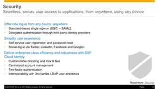 © 2016 SAP SE or an SAP affiliate company. All rights reserved. 13Public
Security
Seamless, secure user access to applications, from anywhere, using any device
Offer one log-in from any device, anywhere
• Standard-based single sign-on (SSO) – SAML2
• Delegated authentication through third-party identity providers
Simplify user experience
• Self service user registration and password-reset
• Social-log-in via Twitter, LinkedIn, Facebook and Google+
Deliver enterprise-class efficiency and robustness with SAP
Cloud Identity
• Customizable branding and look & feel
• Centralized account management
• Two-factor authentication
• Interoperability with 3rd-parties LDAP user directories
Read more: Security
 