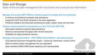 © 2016 SAP SE or an SAP affiliate company. All rights reserved. 15Public
Data and Storage
State-of-the-art data management for structured and unstructured information
Manage and access SAP HANA in-memory power for analytic and mix-workloads
• In-memory and relational-compliant data persistence
• Support for OLTP and OLAP workload in the same application
• Predictive analytics and advanced processing for graph, spatial, series and text data
Achieve extreme speed for transactions at a low TCO with SAP ASE
• Disk-based relational-compliant data persistence
• Maximum transactional throughput with minimal resources
• Scalability for large transitional volumes
Manage unstructured content – SAP HANA Cloud Platform, document service
• Fully featured document management engine - versioning, hierarchies, access control
• Allow to embed content management into any application
• Open standard OASIS CMIS-based repository and interoperability
Read more: Data and Storage
 
