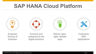 © 2016 SAP SE or an SAP affiliate company. All rights reserved. 3Public
SAP HANA Cloud Platform
Empower
the line of
business
Connect your
enterprise to the
digital economy
Deliver open,
agile, flexible
apps
Customize
SAP
Applications
 