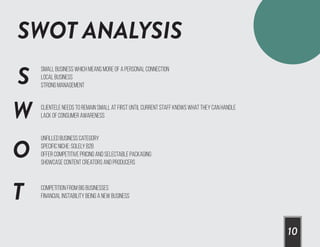 SWOT ANALYSIS
10
S
Small Business which means more of a personal connection
local business
strong management
W clientele needs to remain small at first until current staff knows what they can handle
Lack of consumer awareness
unfilled business category
specific niche: solely B2B
offer competitive pricing and selectable packaging
showcase content creators and producers
competition from big businesses
financial instability being a new businessT
O
 