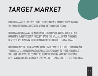 TARGET MARKET
12
For this campaign, Hire-Cycle will be focusing on senior executives along
with Human Resource Directors within the Panhandle region.
Our primary focus and the main targeted group are individuals that are
hiring new employees on a frequent basis. This will allow for a quicker
response and a prominent go to individual during the proposal phase.
Our secondary, but just as vital, targets are senior executives that continue
to successfully run growing businesses. Reaching out to these individuals
will help Hire-Cycle to connect to businesses with a more interpersonal
level and initiate relationships that will set foundations for future business.
 