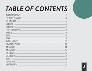 TABLE OF CONTENTS
2
Axiom Interactive ....................................................................................................................................................... 3
Executive summary .................................................................................................................................................. 4
The campaign .................................................................................................................................................................. 5
Objective 1 ......................................................................................................................................................................... 6
Objective 2 ........................................................................................................................................................................ 7
Hire-cycle rebrand .................................................................................................................................................. 8
website ............................................................................................................................................................................... 9
SWOT .................................................................................................................................................................................... 10
risks ..................................................................................................................................................................................... 11
target market ........................................................................................................................................................... 12
campaign kick-off ................................................................................................................................................... 13
imc tactics ..................................................................................................................................................................... 14
imc tactics 2 ................................................................................................................................................................. 15
calendar ......................................................................................................................................................................... 16
calendar 2 ..................................................................................................................................................................... 17
Budget ................................................................................................................................................................................ 18
evaluation ...................................................................................................................................................................... 19
meet the team ............................................................................................................................................................. 20
 