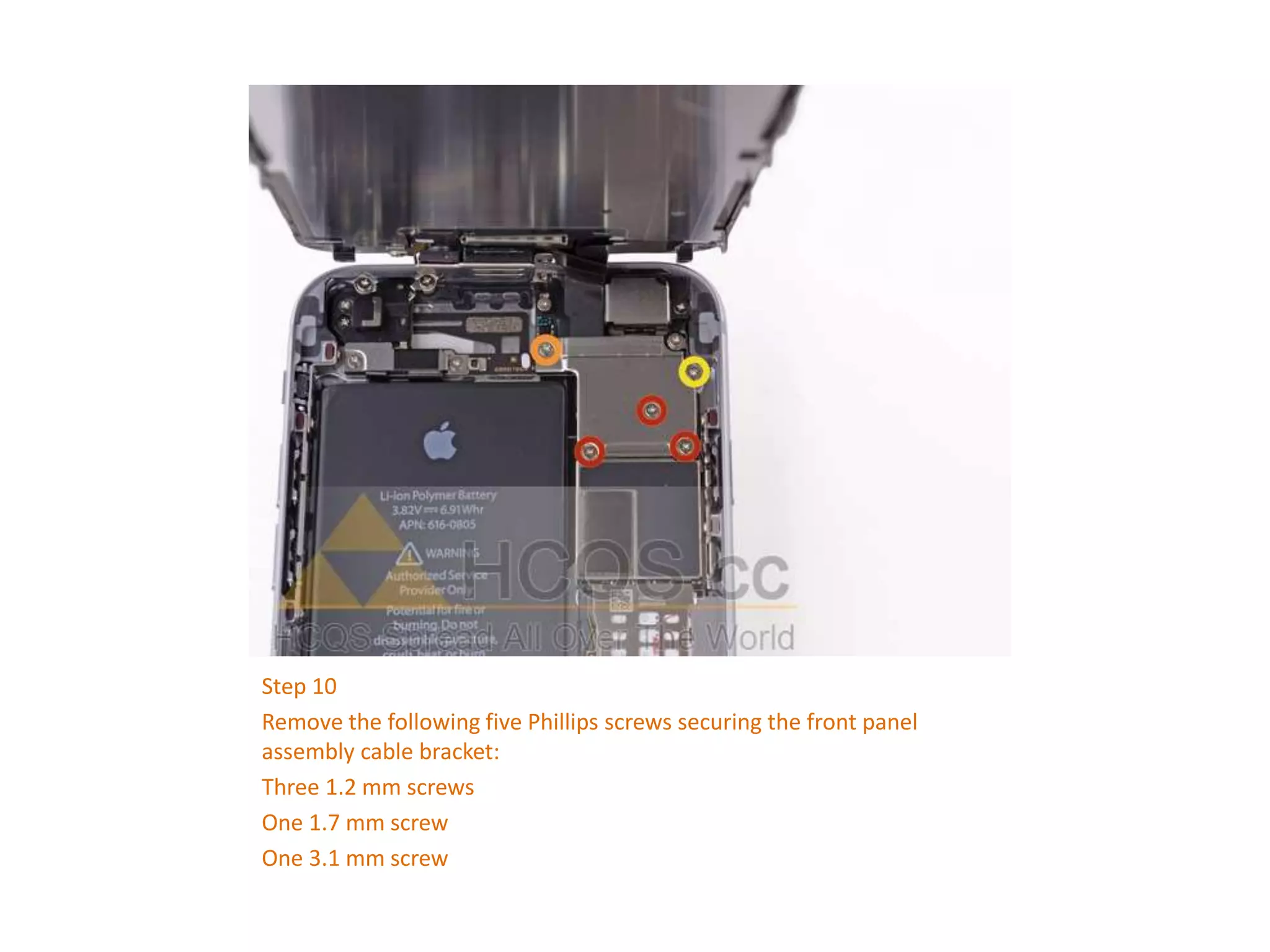 Step 10
Remove the following five Phillips screws securing the front panel
assembly cable bracket:
Three 1.2 mm screws
One 1.7 mm screw
One 3.1 mm screw
 