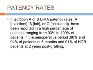 PATENCY RATES
 Fitzgibbon A or B LIMA patency rates (A
[excellent], B [fair], or O [occluded]) have
been reported in a high percentage of
patients: ranging from 93% to 100% of
patients in the perioperative period ,90% and
94% of patients at 6 months and 91% of HCR
patients at 2 years post-grafting.
 