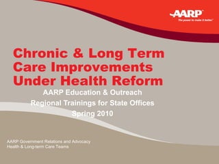 AARP Education & Outreach Regional Trainings for State Offices Spring 2010 Chronic & Long Term Care Improvements Under Health Reform AARP Government Relations and Advocacy Health & Long-term Care Teams  