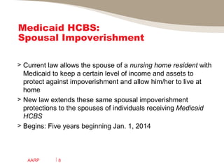 Medicaid HCBS: Spousal Impoverishment Current law allows the spouse of a  nursing home resident  with Medicaid to keep a certain level of income and assets to protect against impoverishment and allow him/her to live at home New law extends these same spousal impoverishment protections to the spouses of individuals receiving  Medicaid HCBS Begins: Five years beginning Jan. 1, 2014 AARP 
