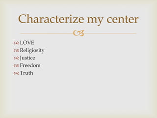 Characterize my center
           
 LOVE
 Religiosity
 Justice
 Freedom
 Truth
 