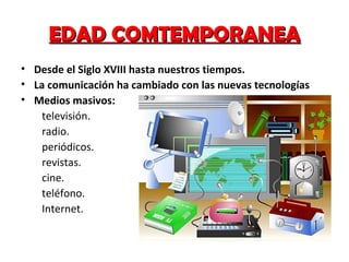 EDAD COMTEMPORANEA Desde el Siglo XVIII hasta nuestros tiempos. La comunicación ha cambiado con las nuevas tecnologías Medios masivos: televisión. radio. periódicos. revistas. cine. teléfono. Internet. 