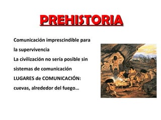 PREHISTORIA Comunicación imprescindible para la supervivencia La civilización no sería posible sin sistemas de comunicación LUGARES de COMUNICACIÓN: cuevas, alrededor del fuego… 